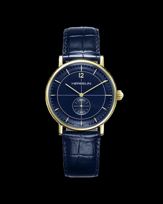 Model Inspiration , Herbelin herenpolshorloge ronde doublékast met zwarte wijzerplaat en zwart leren band. Modelnummer is 18247P15 - 11113829