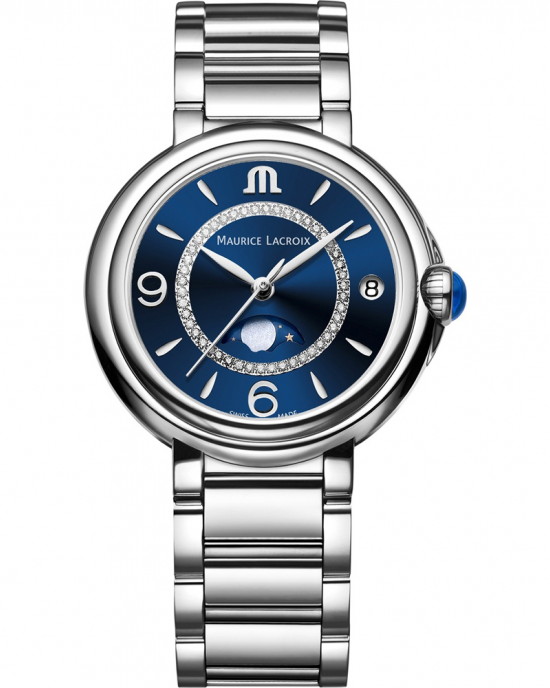 Maurice Lacroix " Fiaba Moonphase 32 mm Diamonds " stalen kast en band, saffierglas, blauwe spinel op kroon, de blauwe wijzerplaat is verfraaid met 46 diamanten totaal gewicht 0,124 ct Si/R - 11113835
