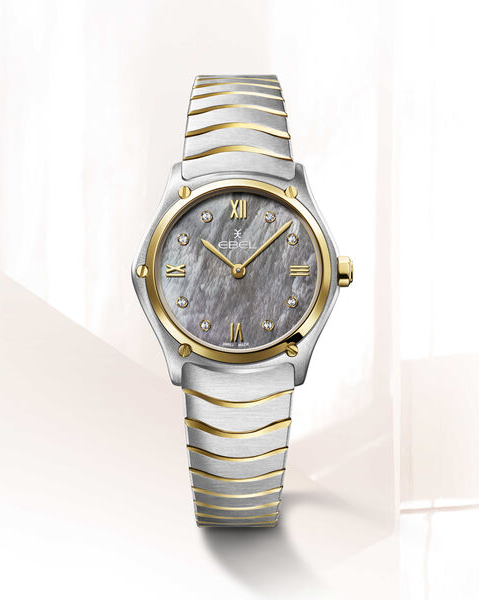 Ebel Sport Classic Lady 29 mm , kast is een combinatie van staal + 18 krt geelgoud, edelstalen band met geel PvD, blauw-grijze parelmoer wijzerplaat incl 8 x diamant G-VS, refnr 1216642 - 11113837