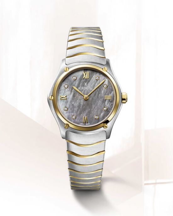 Ebel Sport Classic Lady 29 mm , kast is een combinatie van staal + 18 krt geelgoud, edelstalen band met geel PvD, blauw-grijze parelmoer wijzerplaat incl 8 x diamant G-VS, refnr 1216642 - 11113837