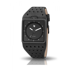 Lip horloge Big TV Titan horloge 671659,  automaat rechthoekig zwarte wijzerplaat, kast volledig titanium en zwart gecoat, voorzijde saffierglas, zwart lederen band met gaatjespatroon, glazen deksel, 5 atm - 11113943