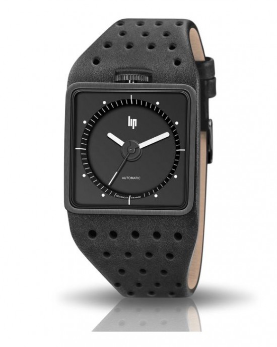 Lip horloge Big TV Titan horloge 671659,  automaat rechthoekig zwarte wijzerplaat, kast volledig titanium en zwart gecoat, voorzijde saffierglas, zwart lederen band met gaatjespatroon, glazen deksel, 5 atm - 11113943
