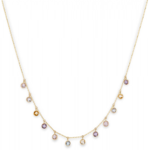 14 krt geelgouden fijn Monzario armband met daaraan hangend ronde gefacetteerde edelstenen, roze quartz-blauw topaas-citrien-amethist op 19  cm lengte met op 17 cm een tussenoogje. Referentienummer 1439a geel - 11113979