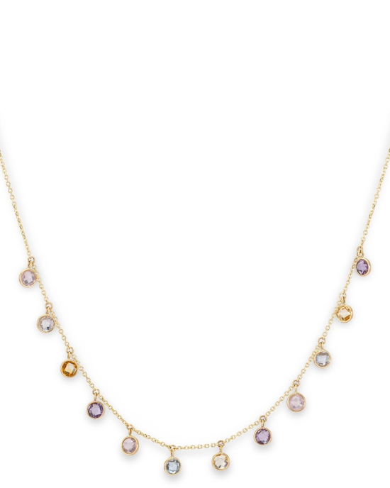 14 krt geelgouden fijn Monzario armband met daaraan hangend ronde gefacetteerde edelstenen, roze quartz-blauw topaas-citrien-amethist op 19  cm lengte met op 17 cm een tussenoogje. Referentienummer 1439a geel - 11113979