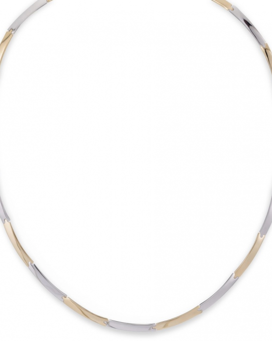 14 krt bicolor gouden Monzario fantasieschakel collier model 867C, bestaande uit gladde strakke plaatjes om en om geel en wit, ca 45 cm x 3,2 mm, voorzien van karabijnhaak - 11113981
