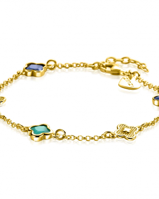 zilver geel verguld Zinzi fantasieschakel armband, bloemmotief met blauw en groen zirconia, ZIA2583 - 11114059