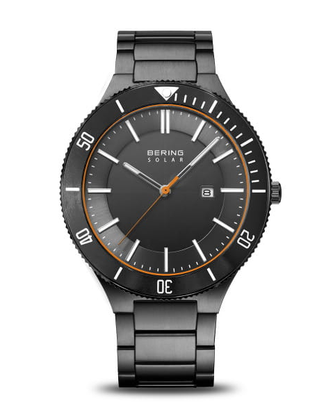 Stalen Bering horloge, model 14443-779, Solar uurwerk, lunette in duikersstyle, oranje accent en oranje secondewijzer, datum en saffierglas - 11114098