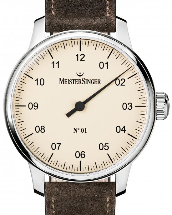 MeisterSinger No1 voorzien van handopwind uurwerk, caliber SW210, 43 mm stalen kast, ivoorkleurige wijzerplaat met lederen band - 11114162