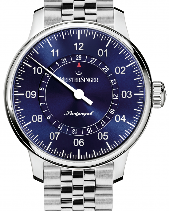 MeisterSinger Perigraph voorzien van automatisch uurwerk, caliber SW200, 43 mm stalen kast, blauwe wijzerplaat met open datumring, voorzien van een 5-rijije stalen schakelband - 11114166