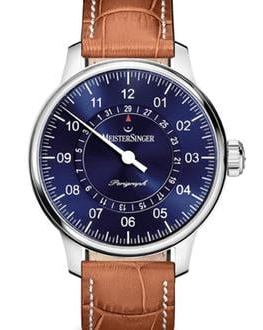 MeisterSinger Perigraph voorzien van automatisch uurwerk, caliber SW200, 43 mm stalen kast, blauwe wijzerplaat met open datumring, voorzien van lederen band - 11114166