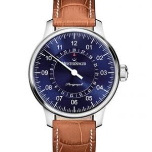 MeisterSinger Perigraph voorzien van automatisch uurwerk, caliber SW200, 43 mm stalen kast, blauwe wijzerplaat met open datumring, voorzien van lederen band - 11114166