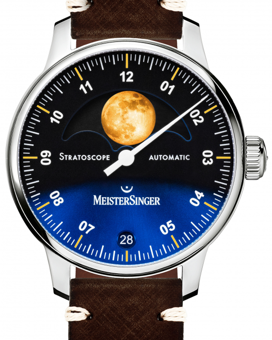 MeisterSinger Stratoscope MoonPhase Gold voorzien van automatisch uurwerk, MS Luna, 43 mm stalen kast, zwart-blauwe wijzerplaat met datum, met vintage zadellederen band en stalen vouwsluiting - 11114168