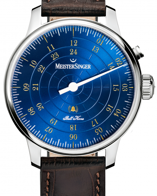 MeisterSinger Bell Hora voorzien van automatisch uurwerk, MS Bell, 43 mm stalen kast,  middel blauwe wijzerplaat met goudkleurige indexen, met lederen band en stalen vouwsluiting - 11114169