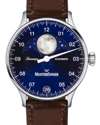 MeisterSinger LunaScope voorzien van automatisch uurwerk MS Luna, 41 mm stalen kast, SunBurst blue wijzerplaat met zilverkleurige maan, met lederen band welke is voorzien van een stalen vouwsluiting - 11114172