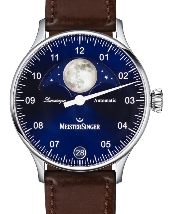 MeisterSinger LunaScope voorzien van automatisch uurwerk MS Luna, 41 mm stalen kast, SunBurst blue wijzerplaat met zilverkleurige maan, met lederen band welke is voorzien van een stalen vouwsluiting - 11114172