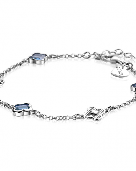 Zinzi zilver gerhodineerd armband met bloemenvorm in zilver en blauw zirkonia, op verschilende lengtes te dragen. Refnrzia2582 - 11114228