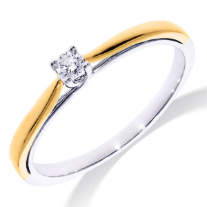 14 karaats geel- en witgouden fantasie solitairring, in een vier poots chaton een brilajnt geslepen diamant van 0.07 crt. - 11114292