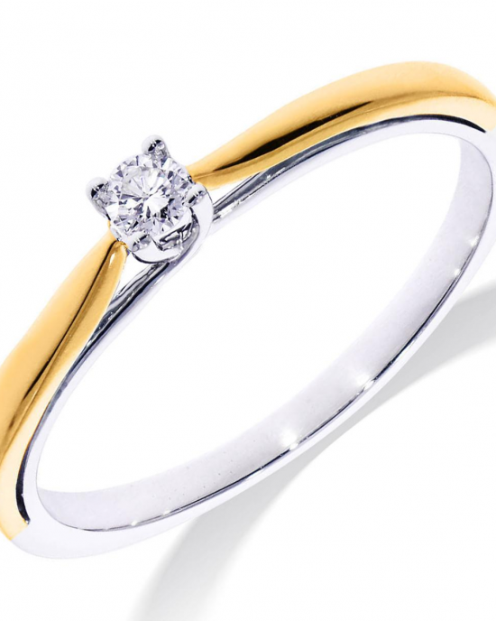 14 karaats geel- en witgouden fantasie solitairring, in een vier poots chaton een brilajnt geslepen diamant van 0.07 crt. - 11114292