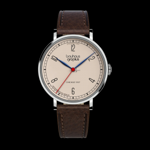 Walter Gropius New Bauhaus Chicago limited edition stalen kast en lederen band, zalmkleurige wijzerplaat, half arabisch, rode secondewijzer - 11114328