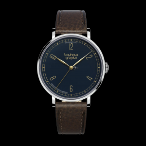 Walter Gropius New Bauhaus Chicago limited edition stalen kast en lederen band, donkere wijzerplaat, half arabisch, goudkleurige wijzers en indexen - 11114329