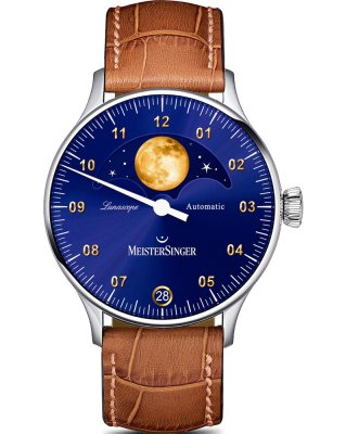 MeisterSinger LunaScope voorzien van automatisch uurwerk MS Luna SW220,, 41 mm stalen kast met saffierglas, SunBurst blue wijzerplaat met goudkleurige maan en goudkleurige appliques met lederen band welke is voorzien van een stalen vouwsluiting - 11114373