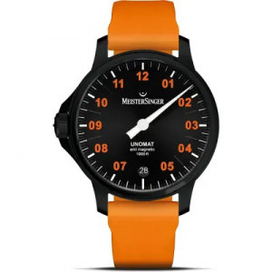 MeisterSinger Unomat Lumicast Black Nl 2024 limited edition ( gelimiteerd op 50 stuks ) 300 meter waterdicht voorzien van een oranje caoutchouc rubberen band , voorzijde saffierglas en glazen deksel, voorzien van een Sellita SW400 anti-magnetisch automati