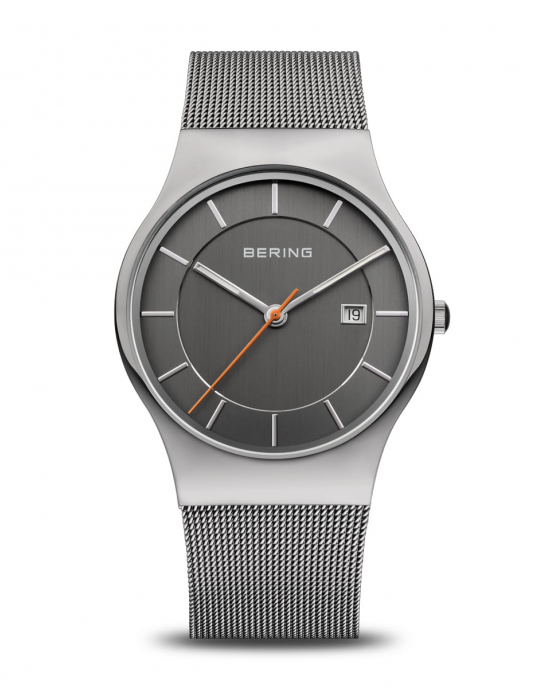 stalen Bering horloge, Classic 38 mm, grijze wijzerplaat en oranje secondewijzer en datumvenster en stalen milanaise band, 11938-007 - 11114460