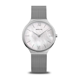 Stalen Bering horloge met Milanaise band en wit parelmoerkleurige wijzerplaat, ultra slim lijn, referentie 18434-000 - 11114505