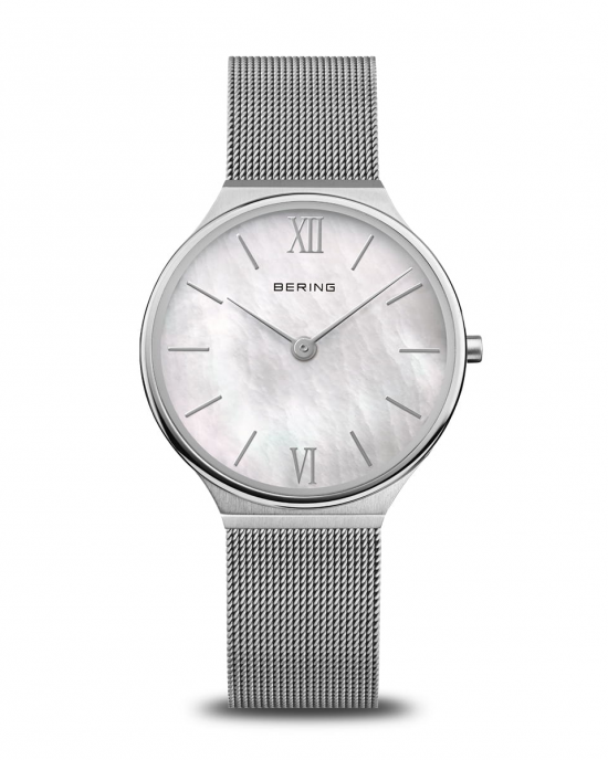 Stalen Bering horloge met Milanaise band en wit parelmoerkleurige wijzerplaat, ultra slim lijn, referentie 18434-000 - 11114505
