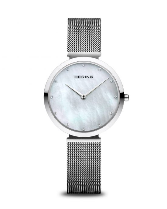 Stalen Bering horloge, gepolijste kast 32 mm, stalen milanaise band, wit parelmoerkleurige wijzerplaat, refnr: 18132-004 - 11114507