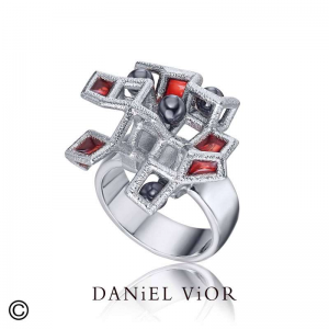 zilveren Daniel Vior fantasie ring, model Tabulita, kubusvormen,  mat, verfraaid met rood emaille en hematiet - 11114668
