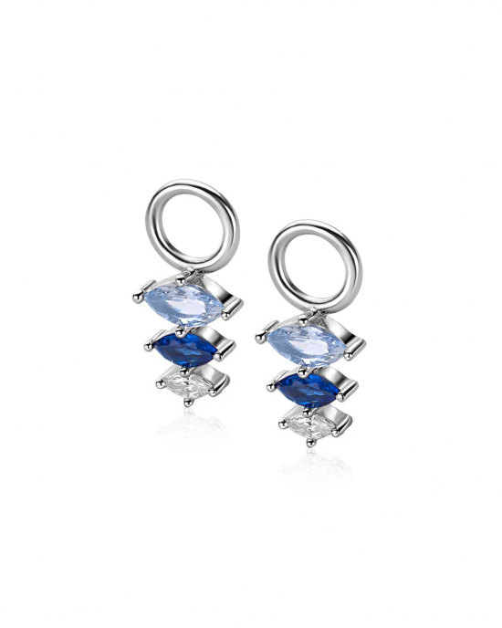 zilveren Zinzi fantasie creoolhangers, met drie peervormige zettingen in aflopende grootte bezet met blauw en wit zirconia, ZICH2631B - 11114755