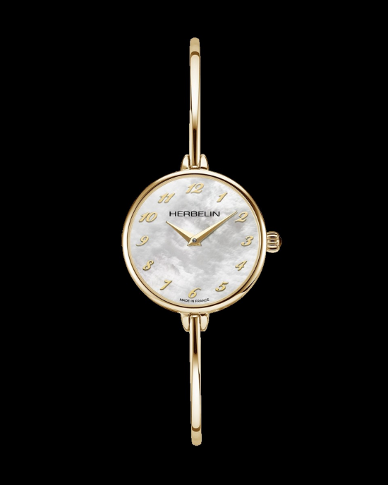 Herbelin horloge model Fil, spangmodel, stalen ronde kast en band geel verguld, saffierglas, parelmoer wijzerplaat met arabische indexen - 11114771