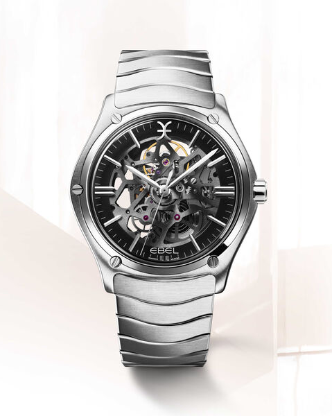 stalen Ebel Sport Classic Limited ( 1 van 200 ) Skeleton Automaat Sellita SW400-1, 42 mm kast met kenmerkende stalen Wave schakelband, saffierglas en ook saffierglazen bodem, 5 atm WD, wijzerplaat : smalle zwarte buitenste rand met streepindex, 1216658 - 