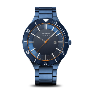 Bering Solar horloge, stalen schakelband en kast blauw gecoat, lunette in duikrand style, oranje secondewijzer, datum, saffierglas, 10 ATM wd, 14443-797 - 11114864