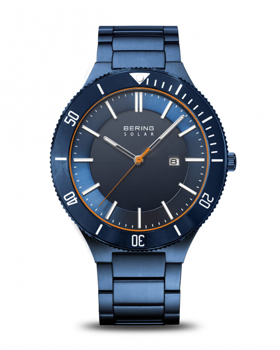 Bering Solar horloge, stalen schakelband en kast blauw gecoat, lunette in duikrand style, oranje secondewijzer, datum, saffierglas, 10 ATM wd, 14443-797 - 11114864