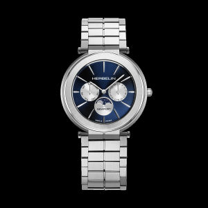 stalen Herbelin Newport Slim horloge, blauwe wijzerplaat met zilverkleurige subwijzerplaatjes, dag, datum en maanaanduiding, model 12722B25 - 11114875