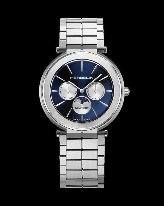 stalen Herbelin Newport Slim horloge, blauwe wijzerplaat met zilverkleurige subwijzerplaatjes, dag, datum en maanaanduiding, model 12722B25 - 11114875