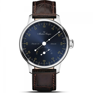 Meistersinger Primatic 365 automaat, Gangreserve Indicatorwijzer ,kaliber Sw270, stalen kast en wijzerplaat : Sunburst Steelblue met goudkleurige indexen en lederen band - 11114911