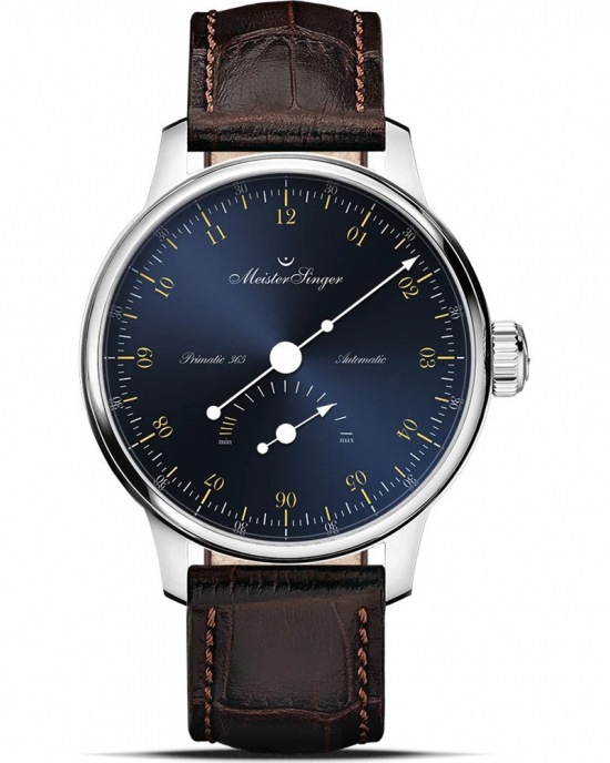 Meistersinger Primatic 365 automaat, Gangreserve Indicatorwijzer ,kaliber Sw270, stalen kast en wijzerplaat : Sunburst Steelblue met goudkleurige indexen en lederen band - 11114911