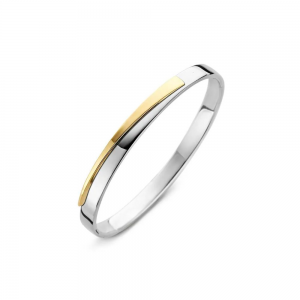 zilveren vlakke massieve Engi Bangle, 62 x 53 mm, verfraaid met een 14 krt geelgouden baan die vlak begint en smaller en hoger oploopt - 11114995