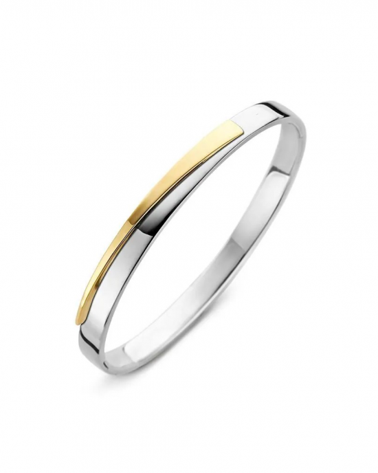 zilveren vlakke massieve Engi Bangle, 62 x 53 mm, verfraaid met een 14 krt geelgouden baan die vlak begint en smaller en hoger oploopt - 11114995