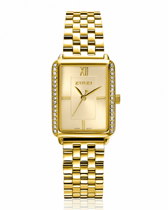 Zinzi rechthoekig horloge, volledig geel verguld, model Lucia, aan de beide zijde's in lengterichting verfraaid met zirconia's, ZIW2310 - 11115040