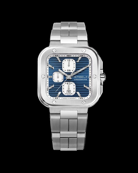 Michel Herbelin horloge " Cap Camarat Carree chrono " zwitsers uurwerk, stalen kast + band, saffierglas, 10 atm WD, wijzerplaat is blauwe gestreept - 11115280