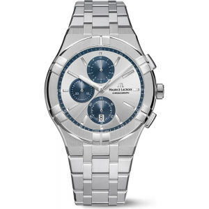 stalen MAURICE LACROIX AIKON Quartz CHRONOGRAPH 42MM, zilverkleurige wijzerplaat met blauwe subwijzerplaatjes, saffierglas en 100 m WD,refnr  AI1118-SS002-230-1 - 11115282