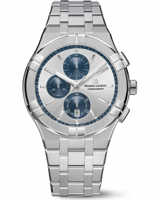 stalen MAURICE LACROIX AIKON Quartz CHRONOGRAPH 42MM, zilverkleurige wijzerplaat met blauwe subwijzerplaatjes, saffierglas en 100 m WD,refnr  AI1118-SS002-230-1 - 11115282