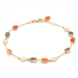 14 krt geelgouden Monzario fantasieschakel armband, dunne ankerschakeltjes waartussen ronde schijfjes en 5 x een ovale dubbelzijdige oranje aventurijn en 4 x een ovale dubbelzijdige rookkwartsen, lengte 18,5 cm en een breedte van ca 1,2 mm - 11115326