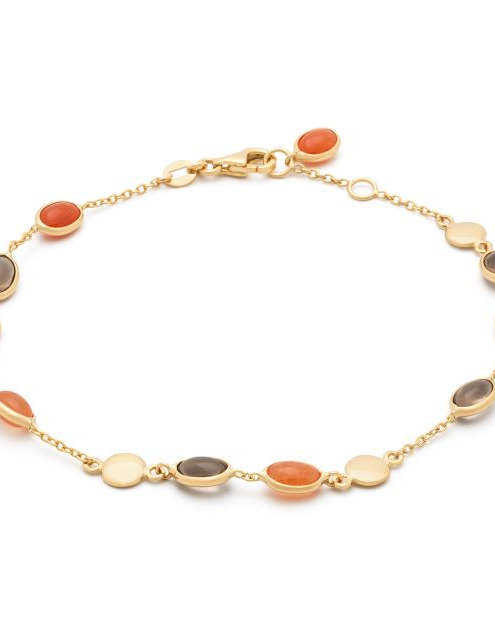 14 krt geelgouden Monzario fantasieschakel armband, dunne ankerschakeltjes waartussen ronde schijfjes en 5 x een ovale dubbelzijdige oranje aventurijn en 4 x een ovale dubbelzijdige rookkwartsen, lengte 18,5 cm en een breedte van ca 1,2 mm - 11115326