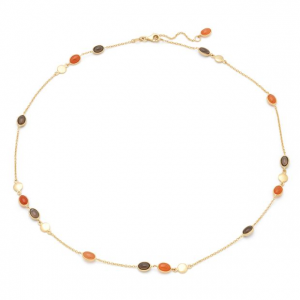 14 krt geelgouden Monzario fantasieschakel collier, dunne ankerschakeltjes waartussen ronde schijfjes en 7 x een ovale dubbelzijdige oranje aventurijn en 7 x een ovale dubbelzijdige rookkwartsen, lengte 18,5 cm en een breedte van ca 1,2 mm - 11115327