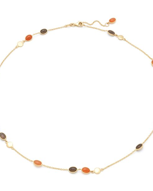 14 krt geelgouden Monzario fantasieschakel collier, dunne ankerschakeltjes waartussen ronde schijfjes en 7 x een ovale dubbelzijdige oranje aventurijn en 7 x een ovale dubbelzijdige rookkwartsen, lengte 18,5 cm en een breedte van ca 1,2 mm - 11115327
